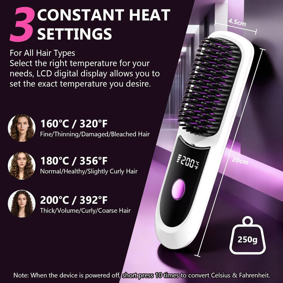 Hair Straightener, Cordless Hair Straightening Brush Portable Cordless Comb with Base Negative Ion Rechargeable Brush for Frizz-Free Shine Straightening, 6400mAh Fast Heating (Black)