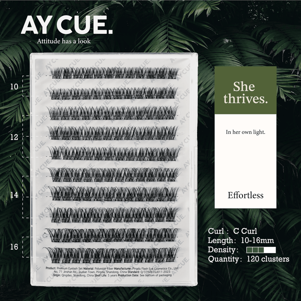 AYCUE #SHE THRIVES# Self-adhesive Lash Clusters C Curl 10-16mm 120 Clusters Glue-free Eyelashes Extensions for Natural Look Easy Application