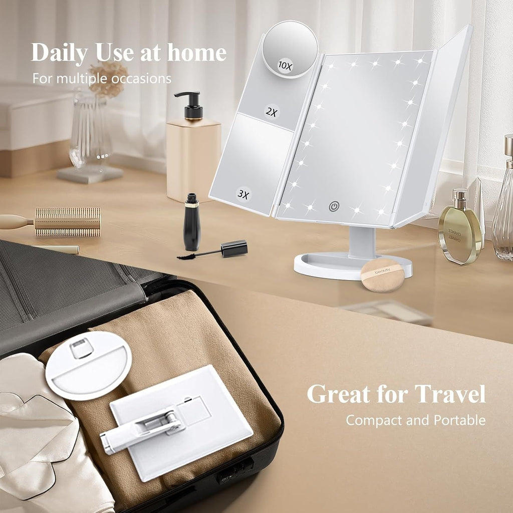 Makeup Mirror, Vanity Mirror with Lights, 2X/3X/10X Magnification, Touch Control, Trifold, Dual Power Supply, Gifts Mothers Day for Mom,Gifts for Women, Wife, Girls,Dorm Room Essentials