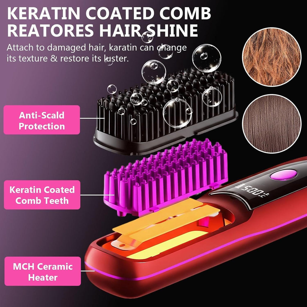 Hair Straightener, Cordless Hair Straightening Brush Portable Cordless Comb with Base Negative Ion Rechargeable Brush for Frizz-Free Shine Straightening, 6400mAh Fast Heating (Black)