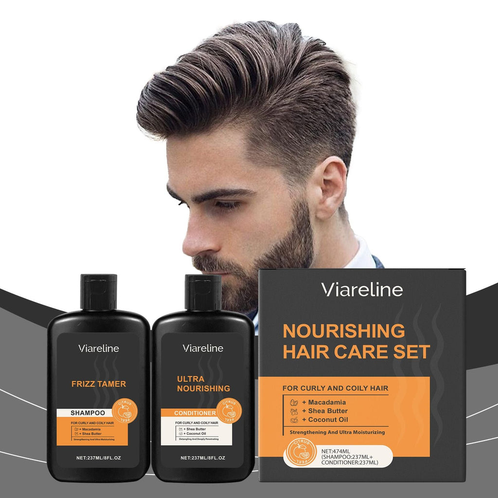 Men Curly Coily Hair Shampoo & Conditioner Set, Frizz Tamer Ultra Nourishing Hair Care Kit with Macadamia Shea Butter Coconut Oil, Deep Moisturizing Strengthen Dry Frizzy Wavy Hair, 237ml*2 Citrus Sce