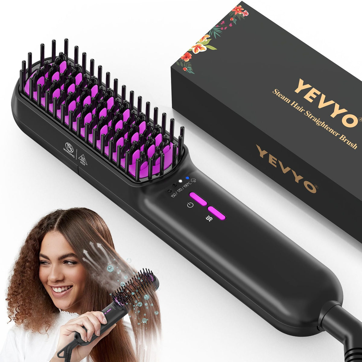Hair Straightener Brush, Ionic Plus Steam Straightening Brush for Smooth, Anti-frizz Hair, Anti-Scald Ceramic Straightening Comb, Heated Straightener Brush Flat Iron Fast Heating for Home Salon