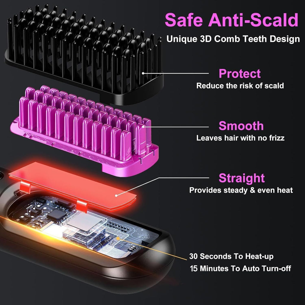 Cordless Hair Straightener Brush - Portable Rechargeable Ceramic Styling Brush with 4 Adjustable Heat Modes & LED Display, Perfect for Travel & Everyday Use (Black)