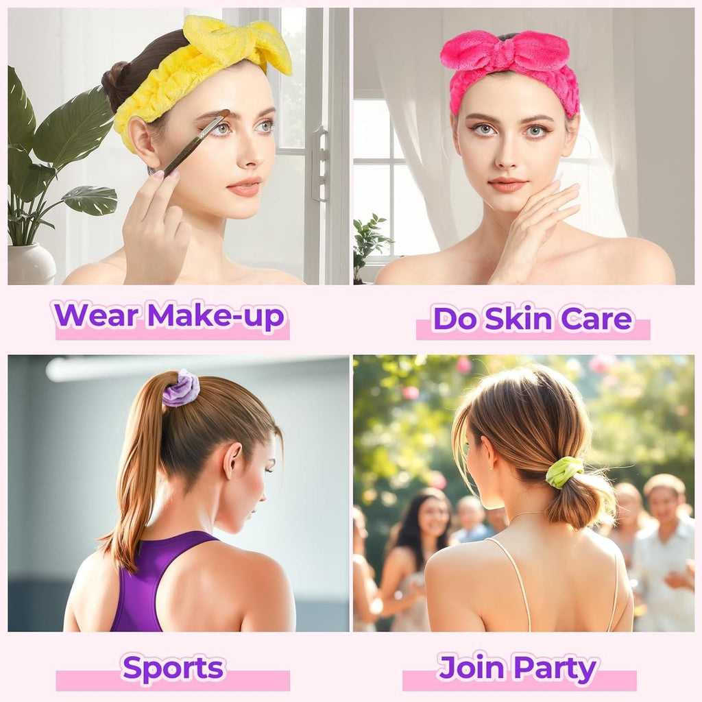 Spa Headband, 6pcs Makeup Headbands and Hair Scrunchies, Bow Skin Care Headband for Washing Face for Teen Girls Women, Easter Basket Valentines Gifts for Girls, Black & White & Gray