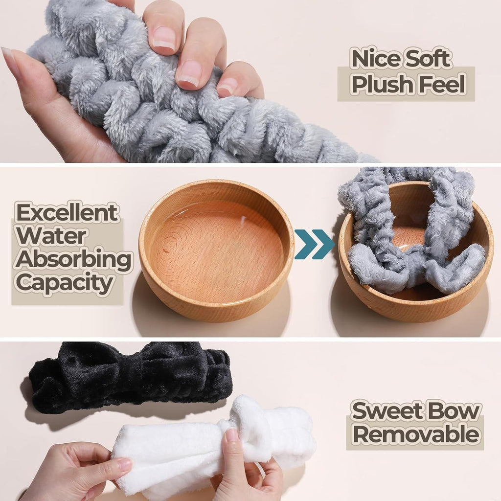Spa Headband, 6pcs Makeup Headbands and Hair Scrunchies, Bow Skin Care Headband for Washing Face for Teen Girls Women, Easter Basket Valentines Gifts for Girls, Black & White & Gray