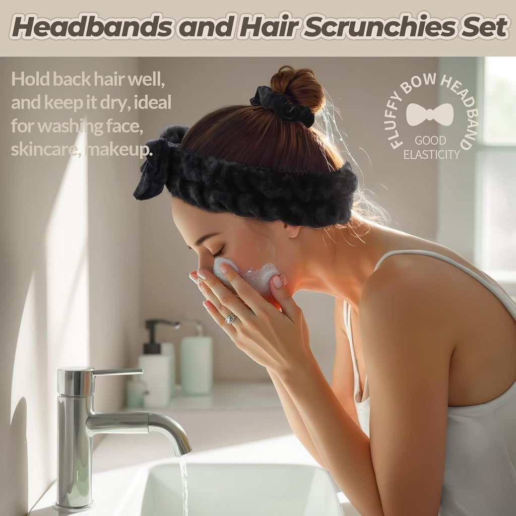 Spa Headband, 6pcs Makeup Headbands and Hair Scrunchies, Bow Skin Care Headband for Washing Face for Teen Girls Women, Easter Basket Valentines Gifts for Girls, Black & White & Gray