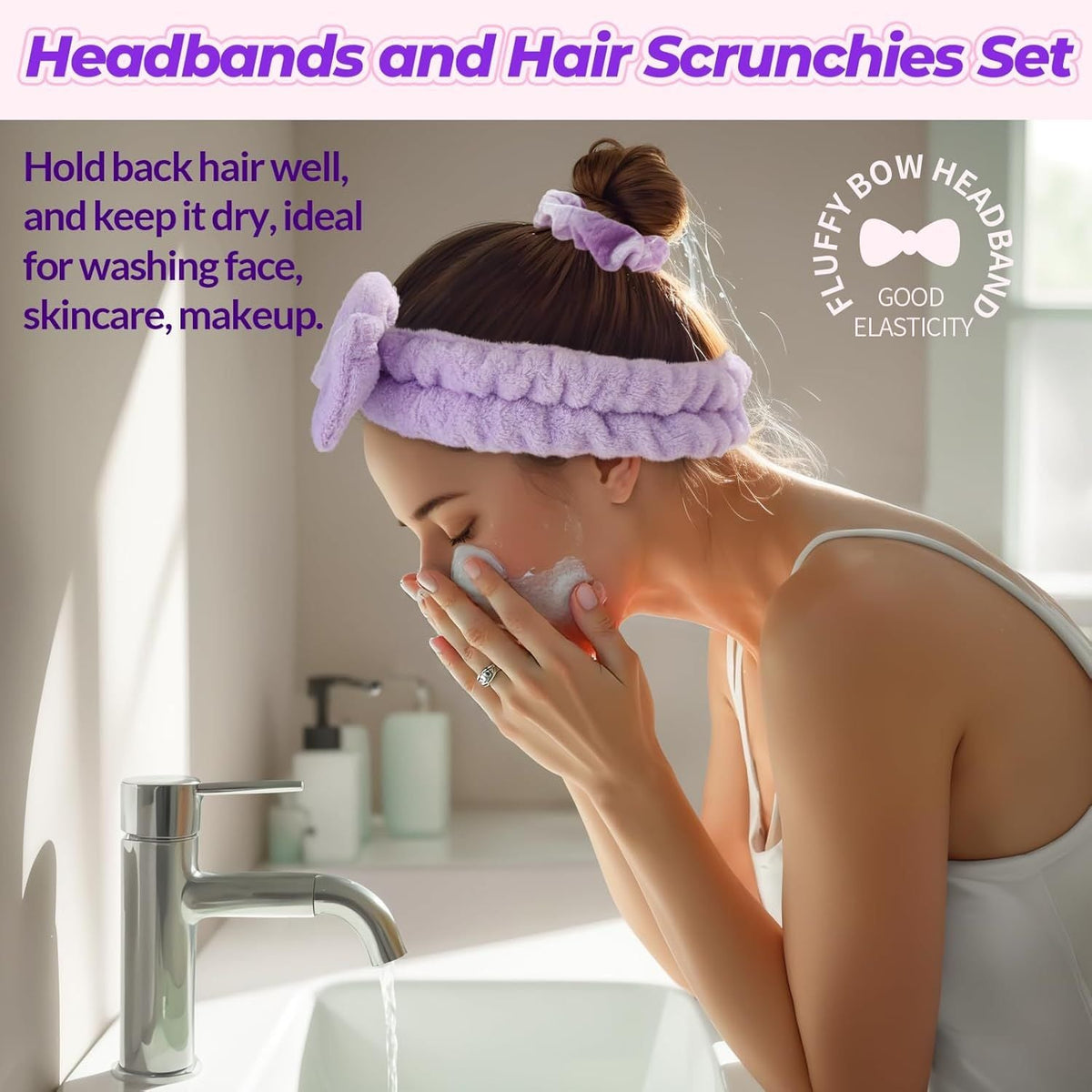 Spa Headband, 6pcs Makeup Headbands and Hair Scrunchies, Bow Skin Care Headband for Washing Face for Teen Girls Women, Easter Basket Valentines Gifts for Girls, Black & White & Gray