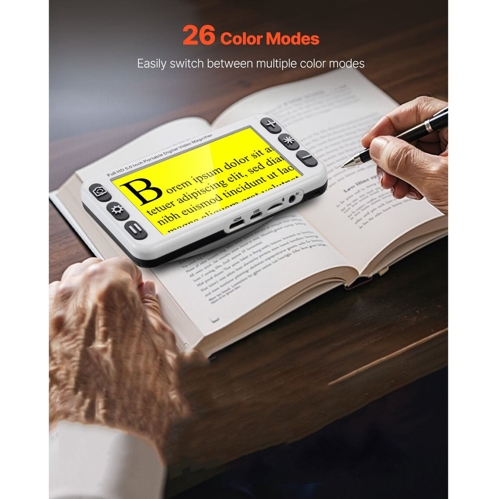 Portable Digital Magnifier, 5-inch HD Electronic Video Magnifier for Low Version, 2X - 48X Electronic Reading Aid with 13MP Near & Far Dual Lens, 26 Color Mode, AV/HDMI Output & Foldable Handle