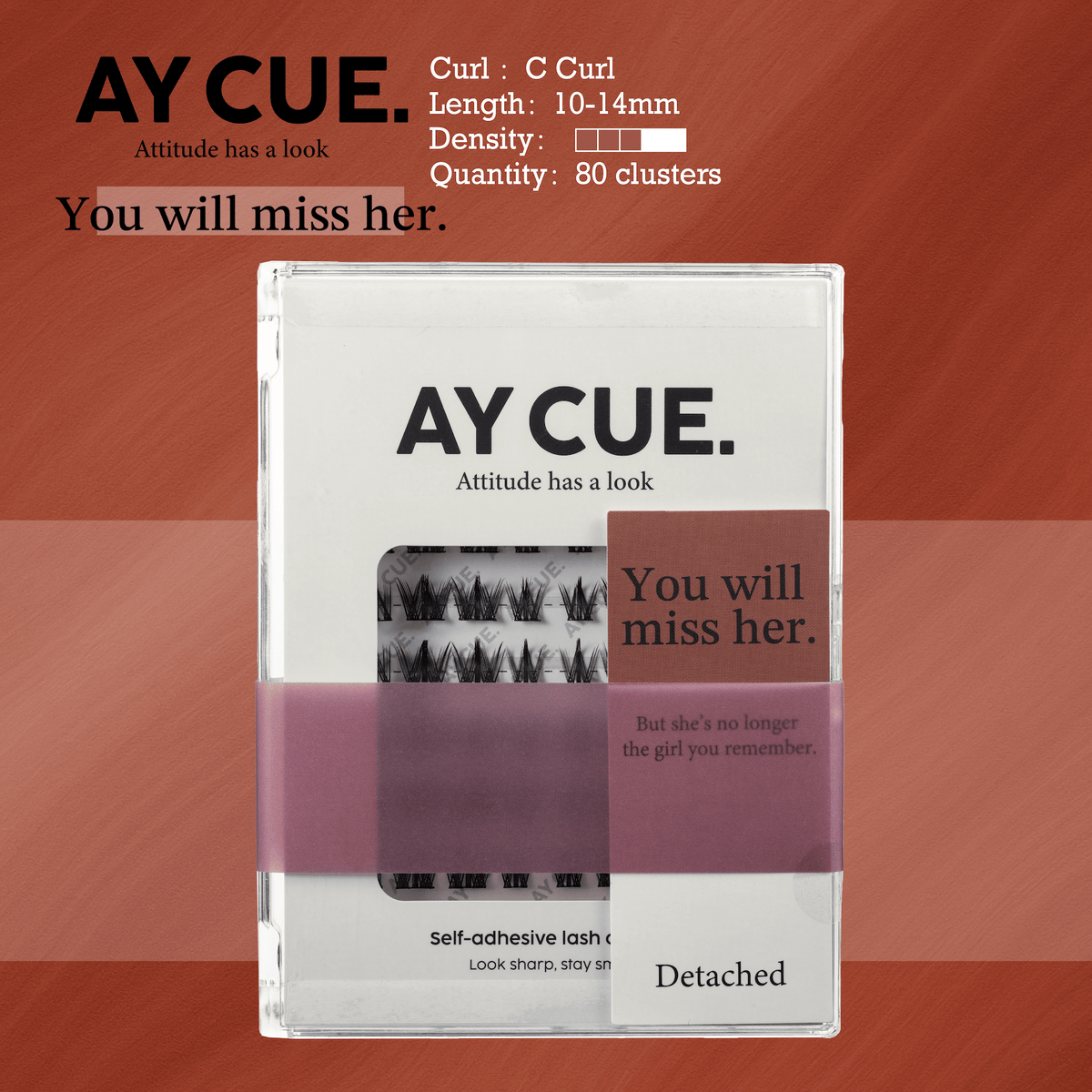 AYCUE #YOU WILL MISS HER# Self-adhesive Lash Clusters C Curl 10-14mm 80Clusters Glue-free Eyelashes Extensions for Natural Look Easy Application