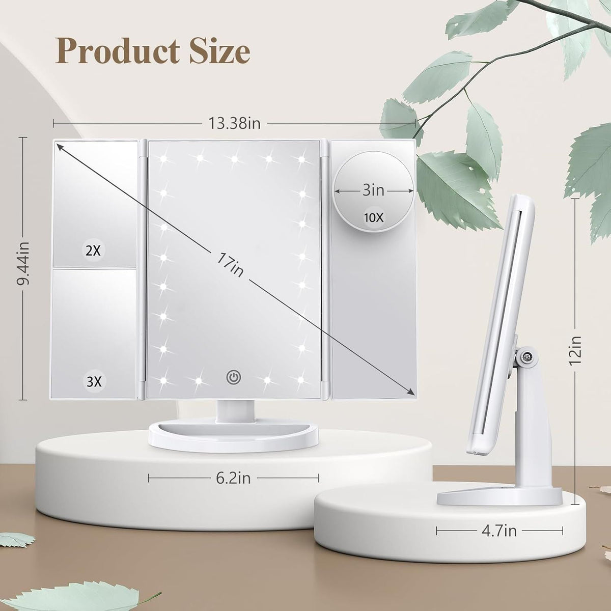 Makeup Mirror, Vanity Mirror with Lights, 2X/3X/10X Magnification, Touch Control, Trifold, Dual Power Supply, Gifts Mothers Day for Mom,Gifts for Women, Wife, Girls,Dorm Room Essentials