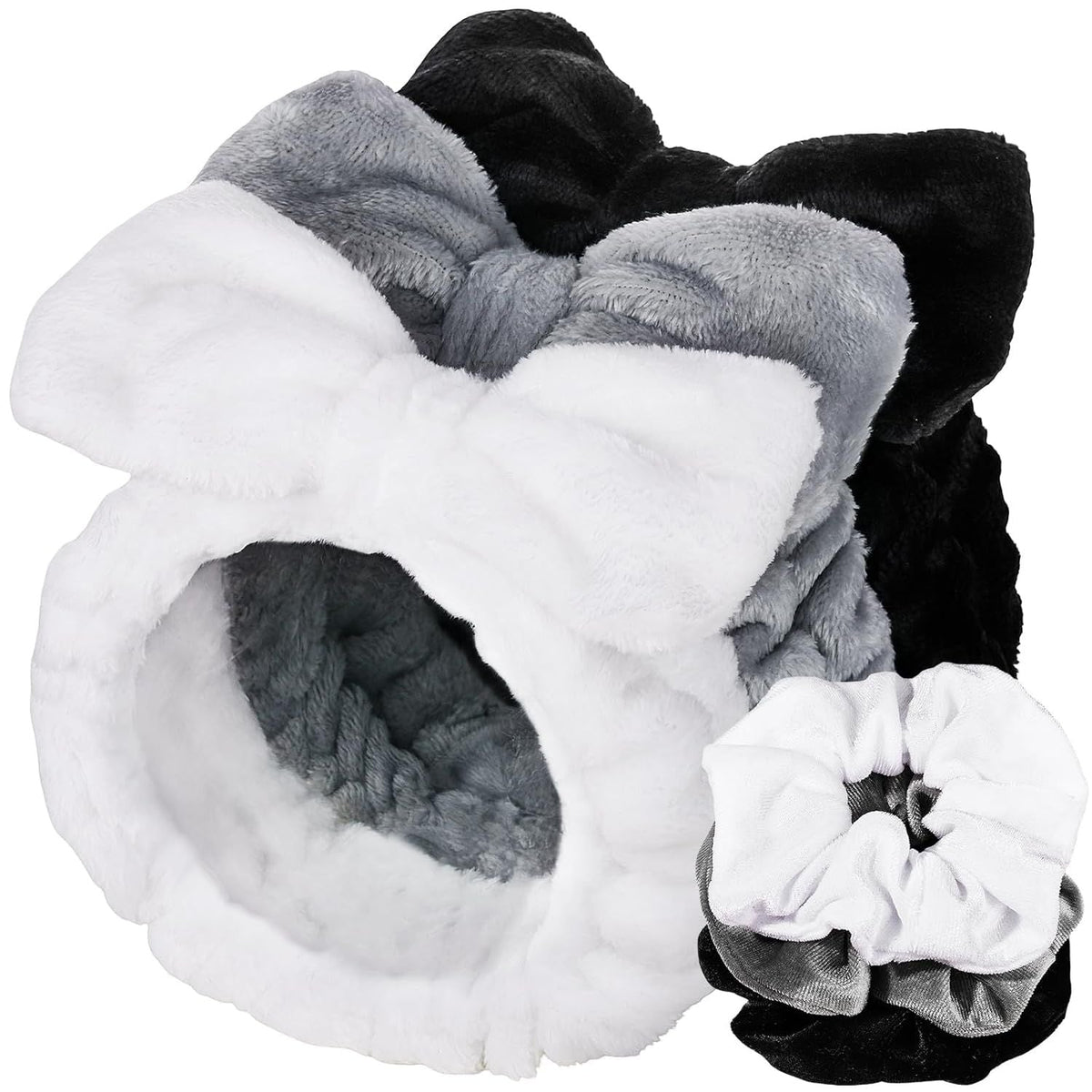 Spa Headband, 6pcs Makeup Headbands and Hair Scrunchies, Bow Skin Care Headband for Washing Face for Teen Girls Women, Easter Basket Valentines Gifts for Girls, Black & White & Gray