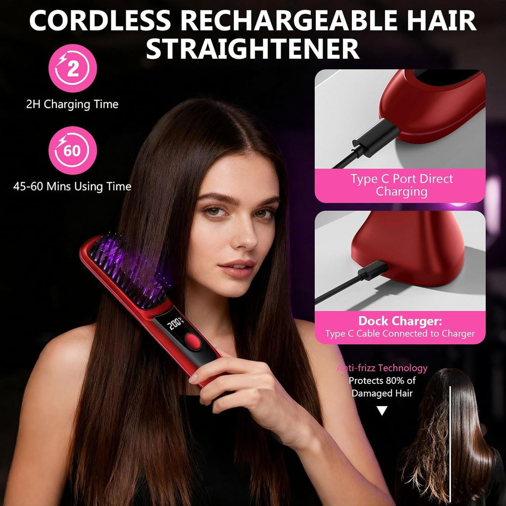 Hair Straightener, Cordless Hair Straightening Brush Portable Cordless Comb with Base Negative Ion Rechargeable Brush for Frizz-Free Shine Straightening, 6400mAh Fast Heating (Black)