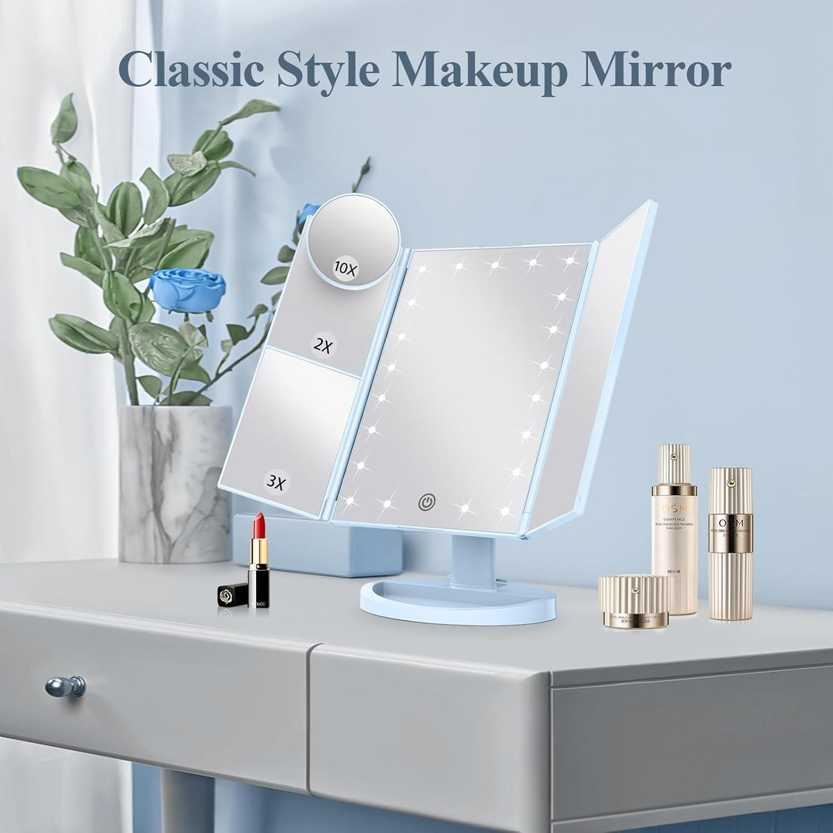 Makeup Mirror, Vanity Mirror with Lights, 2X/3X/10X Magnification, Touch Control, Trifold, Dual Power Supply, Gifts Mothers Day for Mom,Gifts for Women, Wife, Girls,Dorm Room Essentials