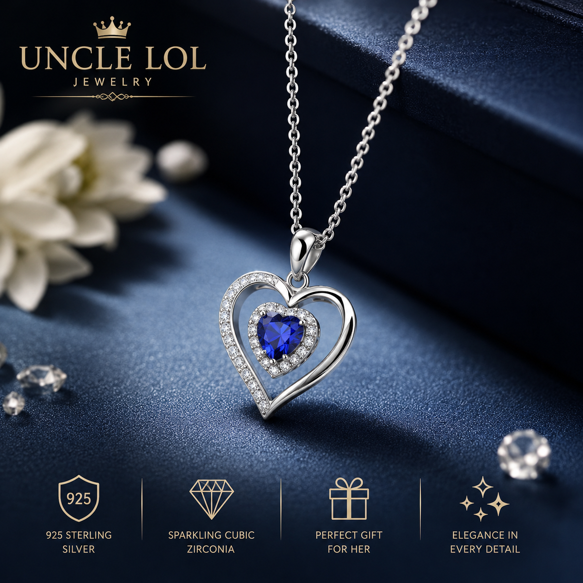 925 Sterling Silver Blue Heart Pendant Necklace for Women – Sparkling Cubic Zirconia Love Jewelry