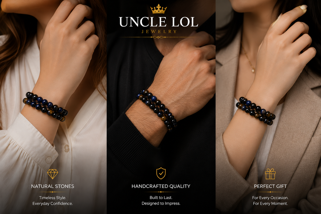 Triple-Layer Natural Stone Beaded Bracelet – Tiger Eye, Blue Tiger Eye & Black Onyx | Adjustable Unisex Bracelet